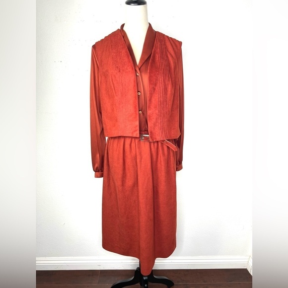 VINTAGE 1970s Sunshine Alley Secretary Dress Rust Orange Midi Matching Vest Vtg - Picture 6 of 13